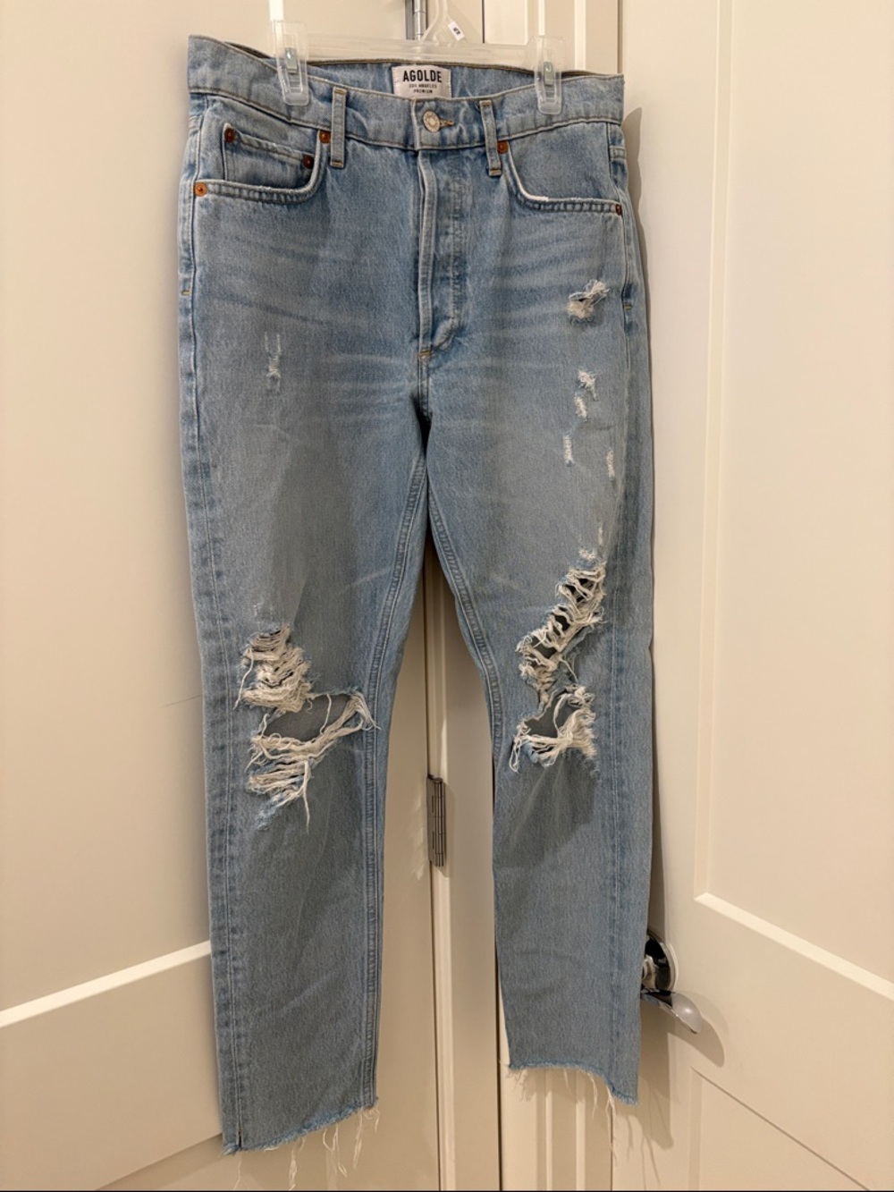 EUC [Agolde] Blue Denim Straight Leg High Rise Distressed Jeans Women’s 26 - Picture 5 of 11